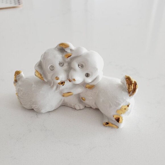 Rare Vintage Capodimonte Italy Gold Leaf Porcelain Crystal Dog Puppy Trinket - Picture 2 of 6